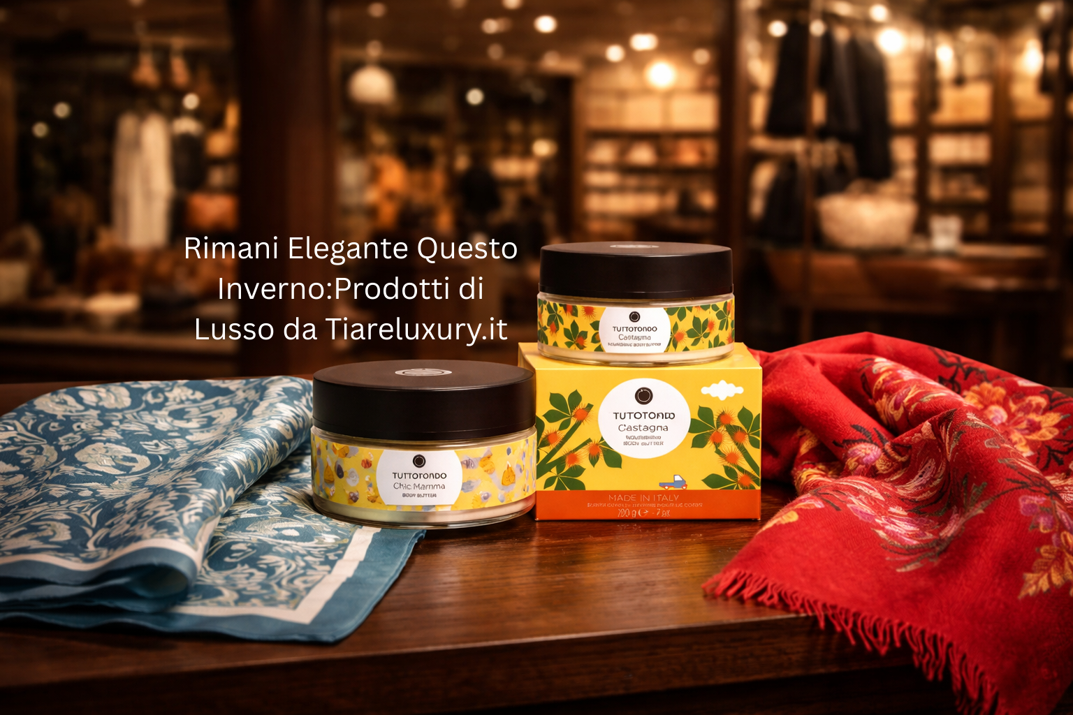 prodotti di lusso inverno: confezioni di bellezza eleganti su un tavolo di legno