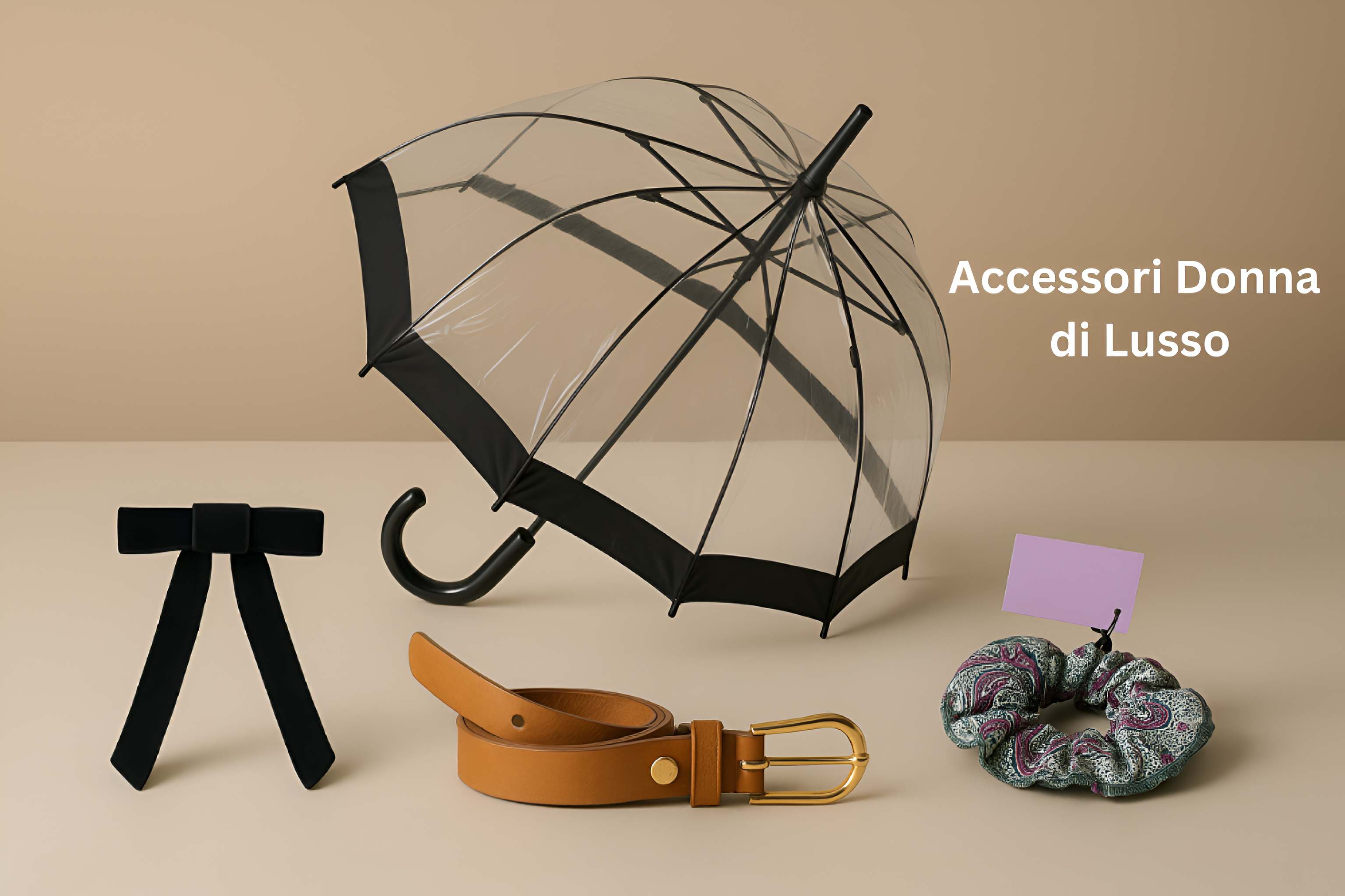 Accessori donna lusso, ombrello trasparente, cintura modaiola, fermaglio e scrunchie colorato.