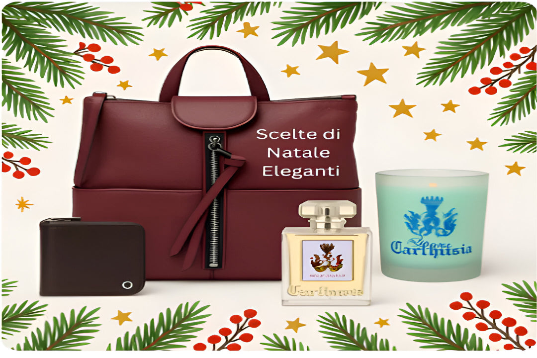 Regali eleganti di lusso: una borsa, profumo e candela festive per scelte di Natale eleganti.