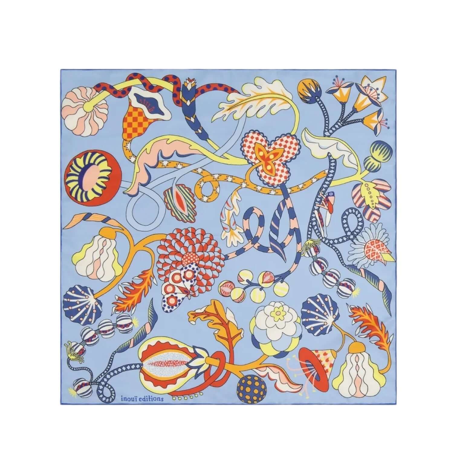 Foulard quadrato botanico blu con motivi floreali colorati, 45x45 cm, realizzato in Italia e con orlo arrotolato a mano.