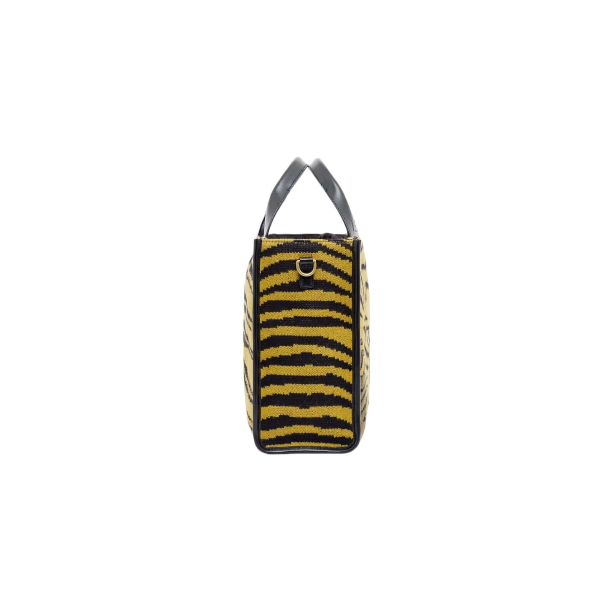 Borsa a tracolla con design a strisce gialle e nere, manici in pelle, stile elegante e pratico.