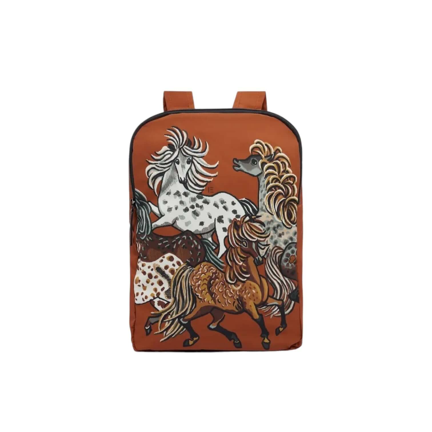Zaino Western Marrone in poliestere riciclato con design di cavalli colorati, pratico e leggero, perfetto per viaggiare.