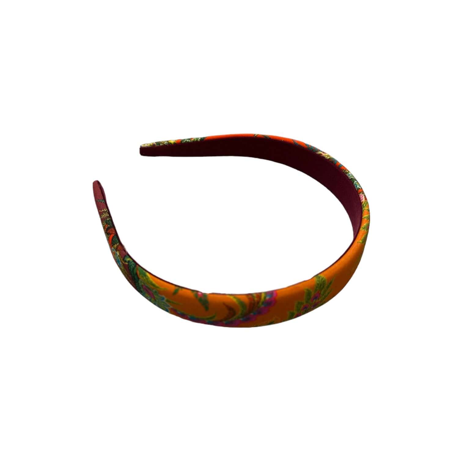 Cerchietto Medio Piatto in seta arancione con design floreale colorato, elegante e versatile per ogni outfit.