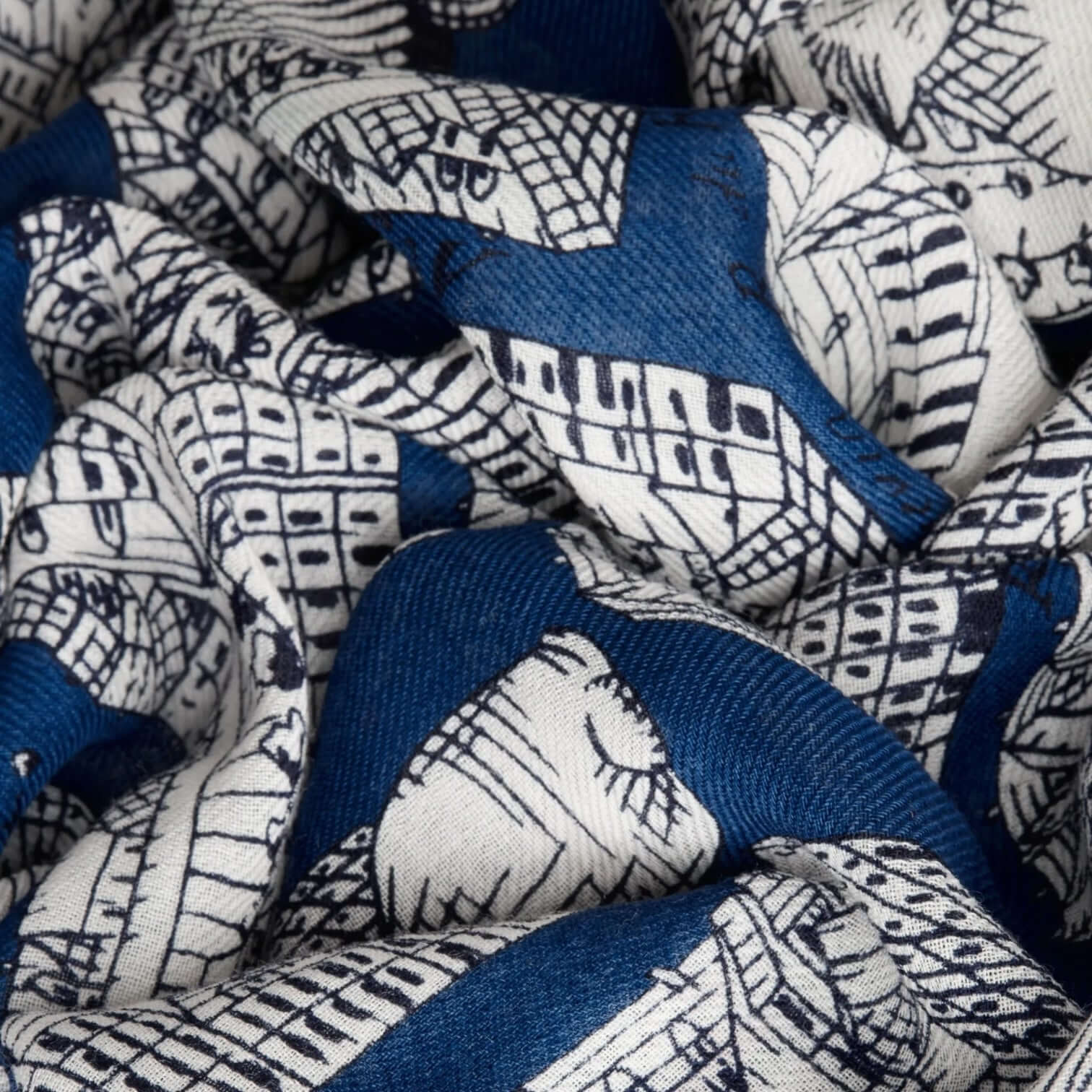 Sciarpa Turgot Blu Scuro in lana con stampa creativa e vivace, misura 100x190 cm, ideale per l'inverno.