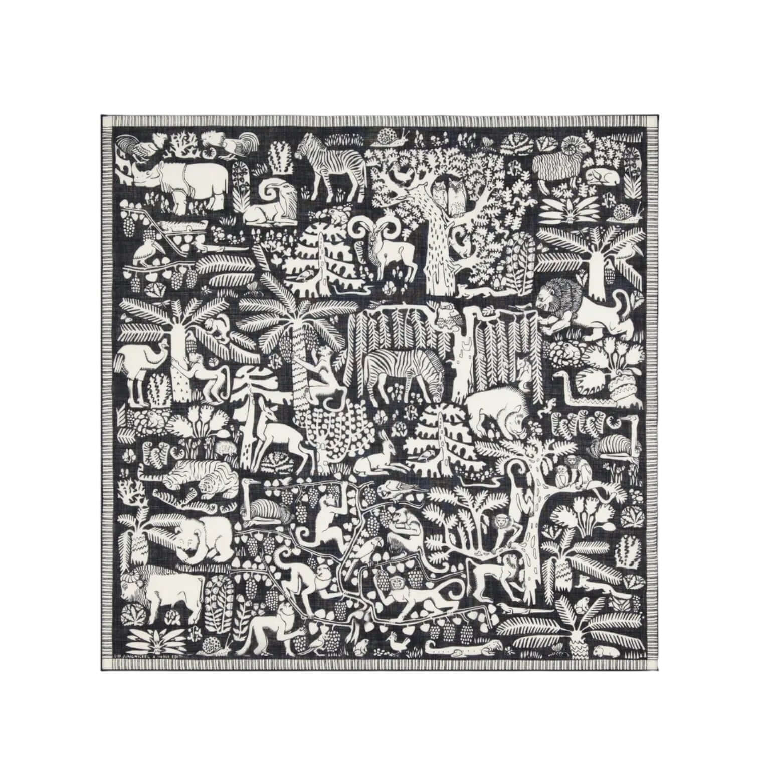 Foulard quadrato Ludwig Nero, 100x100, con disegni unici in bianco e nero, perfetto per ogni outfit.