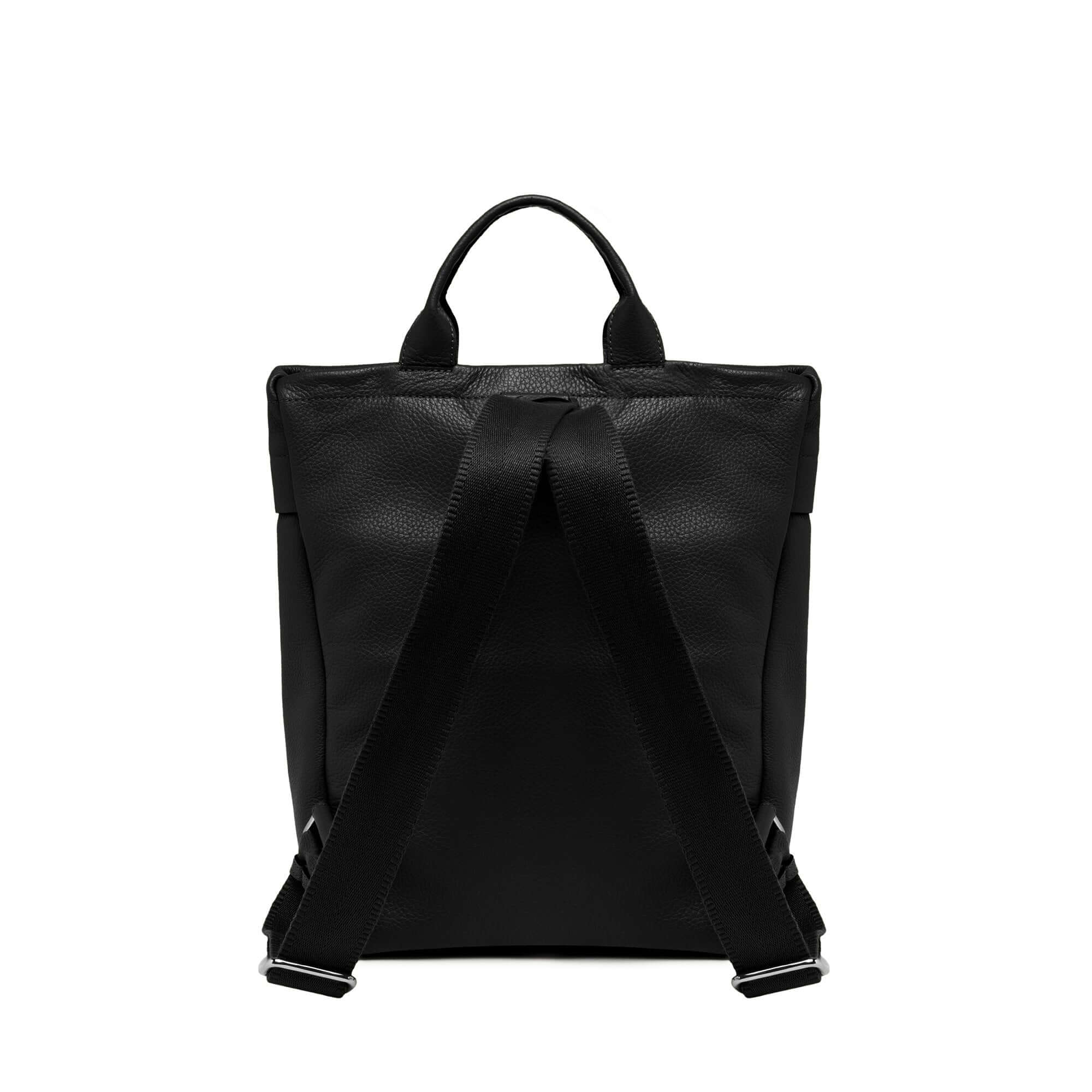Black leather backpack Andrea with adjustable straps and top handles, suitable for daily use.