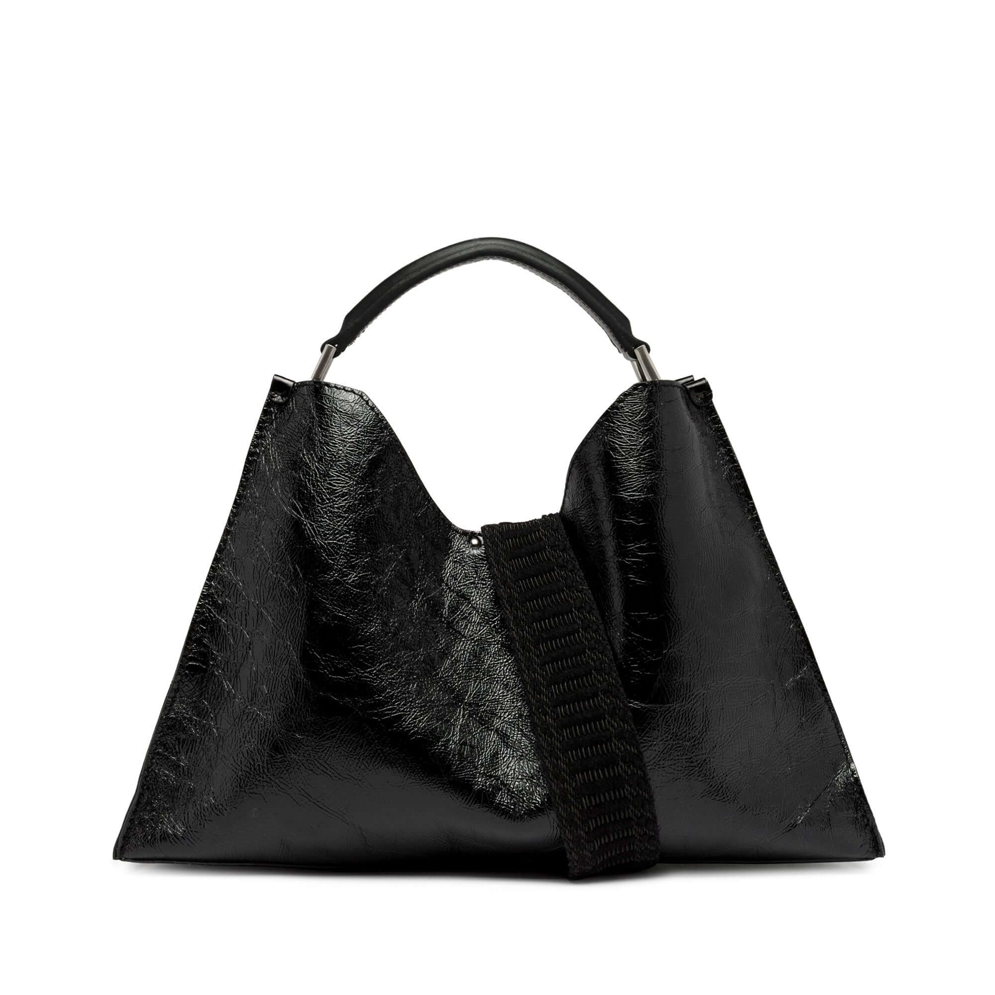 Black trapezoidal leather bag with dual handles and removable shoulder strap by Gianni Chiarini.