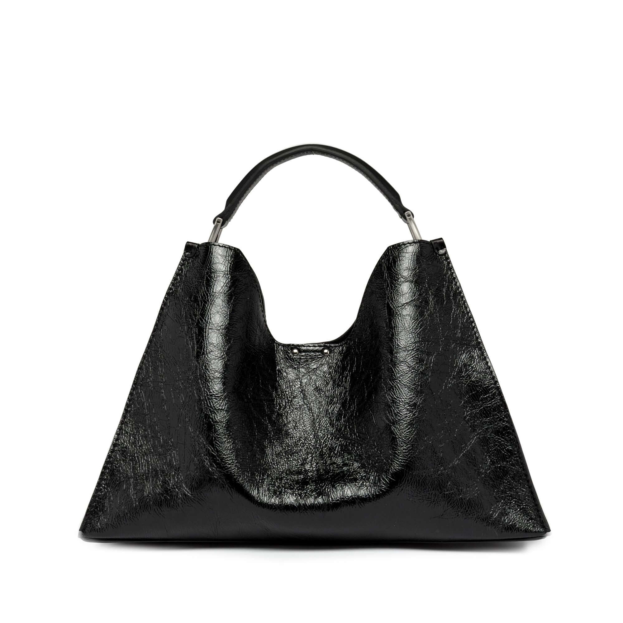 Elegant Gianni Chiarini Aurora bag in glossy black leather, trapezoid shape with detachable zip pouch.