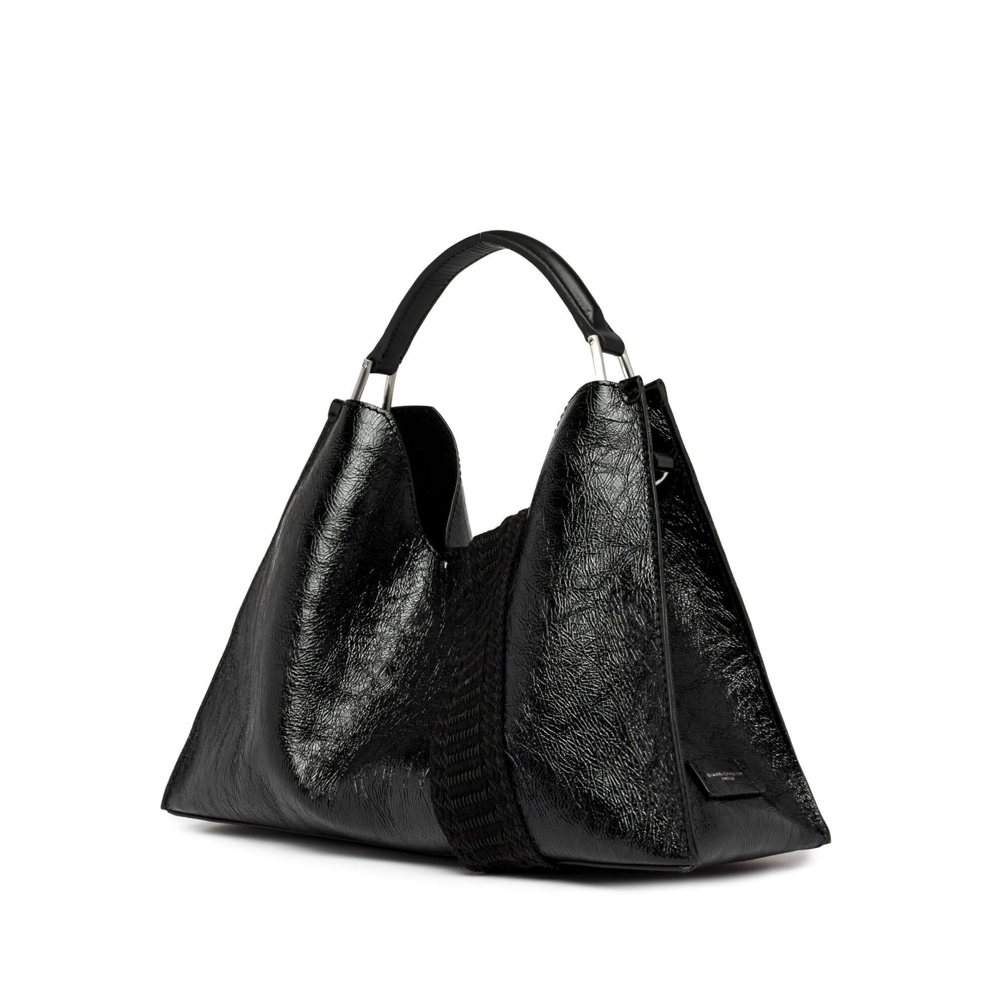 Aurora collection bag by Gianni Chiarini, trapezoidal black patent leather design with dual handles.