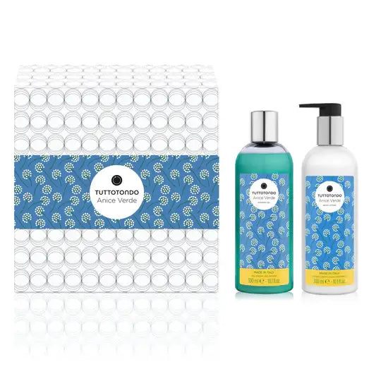 Anice Verde Kit by Tuttotondo, featuring shower gel and body lotion in decorative packaging.