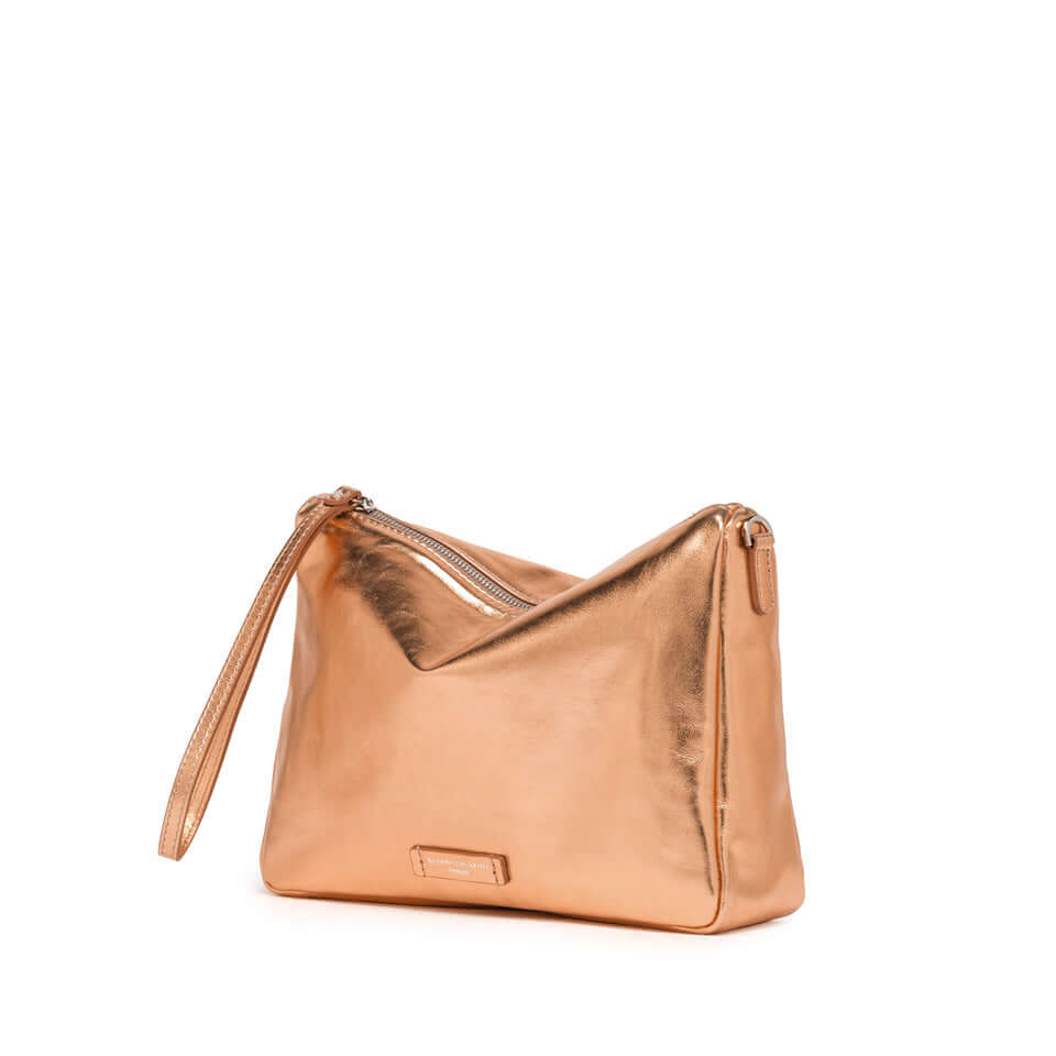 Nora Pouch by Gianni Chiarini, metallic copper leather bag with zip closure and removable wrist strap.