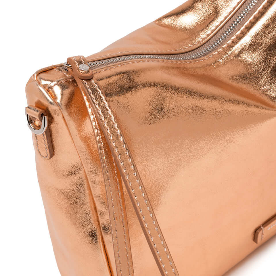 Nora Pouch by Gianni Chiarini in metallic copper leather with zip closure and removable strap.