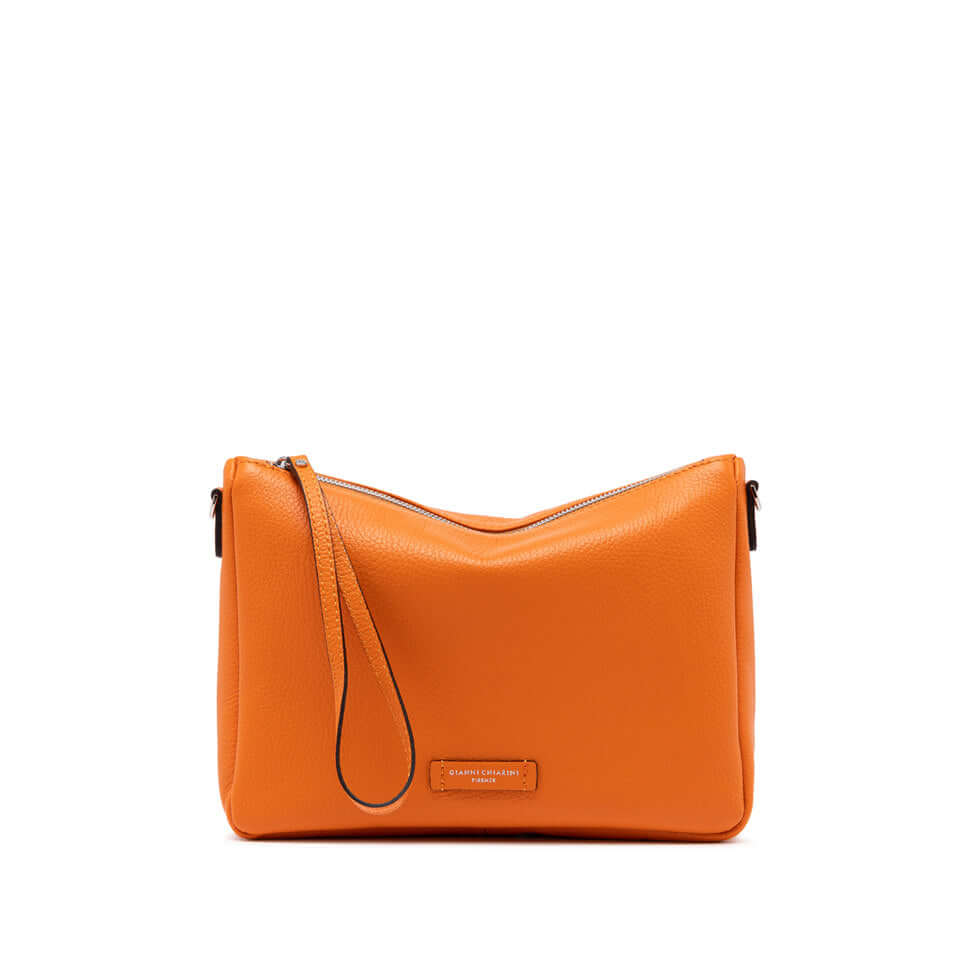 Nora Pouch by Gianni Chiarini in vibrant orange leather with zip closure and removable shoulder strap.