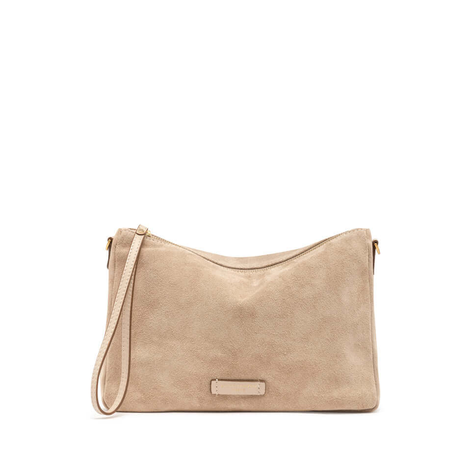 NORA POUCH by Gianni Chiarini in beige suede with removable wrist strap and adjustable shoulder strap.
