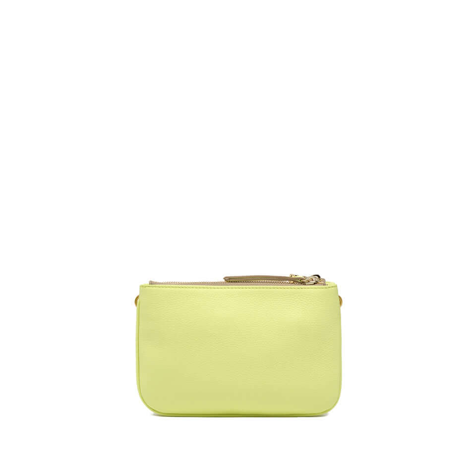 Contemporary green leather crossbody bag Frida with two zip compartments, adjustable strap, 24x16x5 cm.