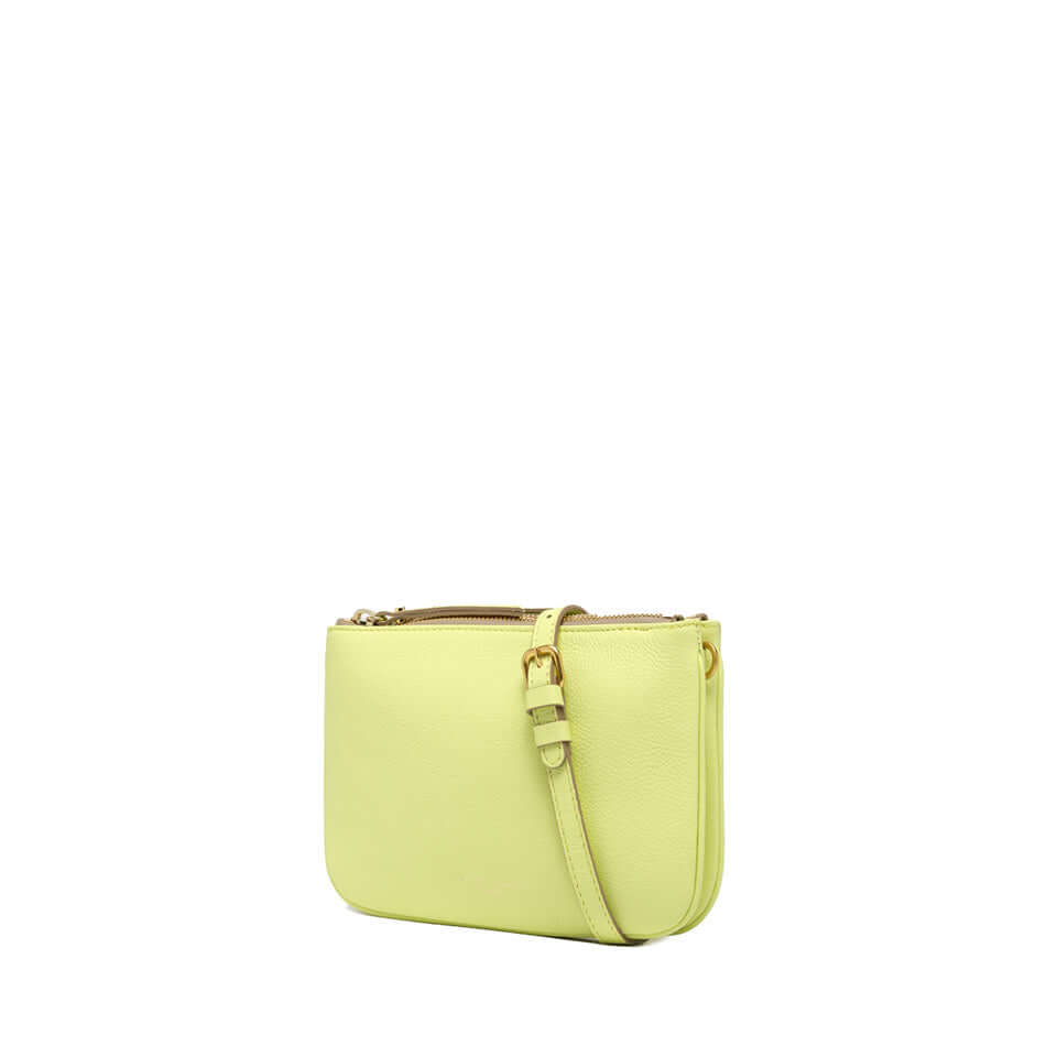 Elegant yellow leather crossbody bag with adjustable strap and two zip compartments.