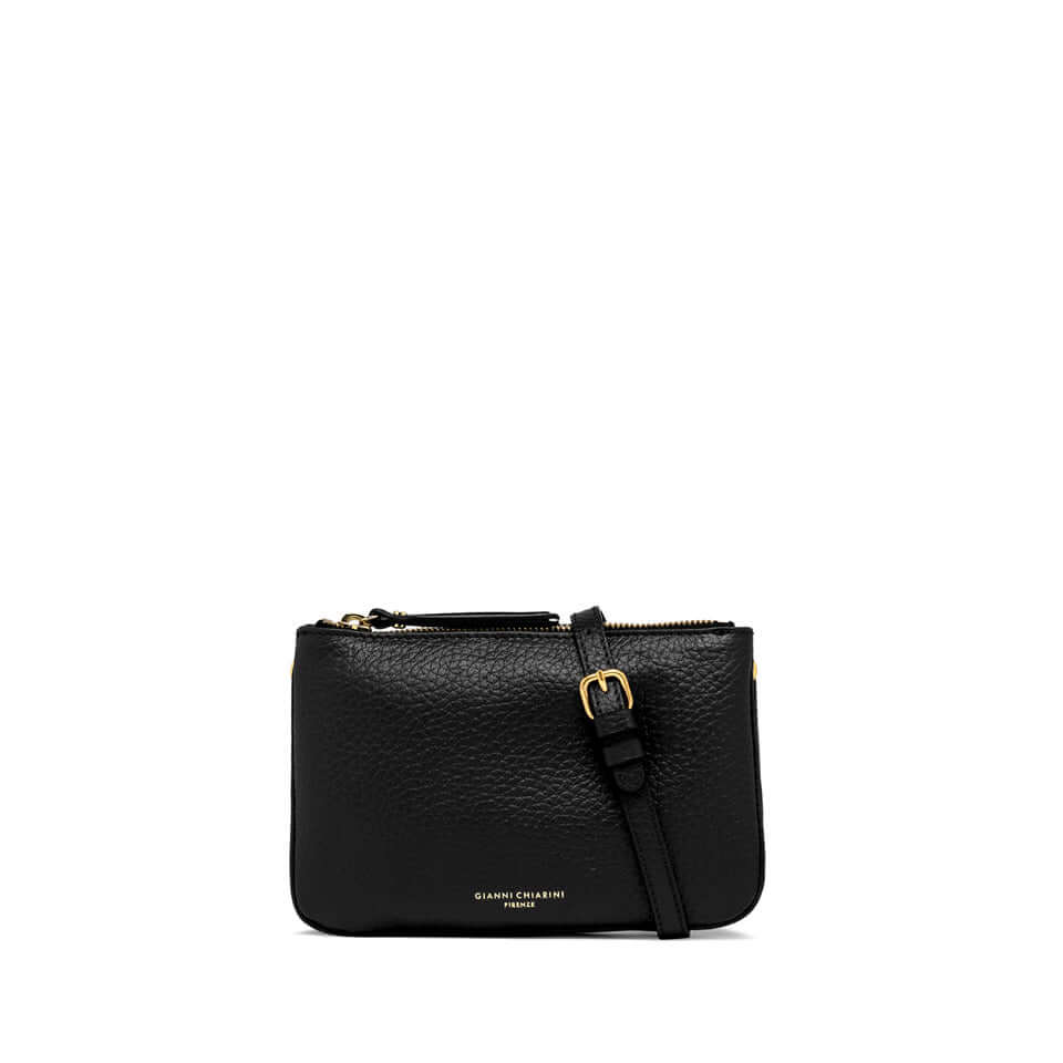 Frida black crossbody bag made of textured leather, featuring gold zips and a removable adjustable strap.