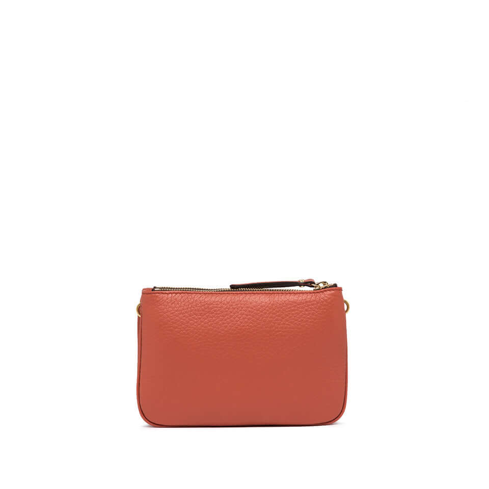 Frida clean contemporary crossbody bag in maxi grain leather, featuring two zippers and an adjustable strap.