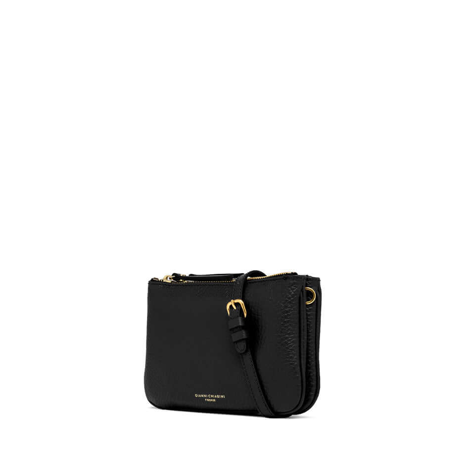 Frida black crossbody bag in soft maxi grain leather with gold zippers and adjustable shoulder strap.