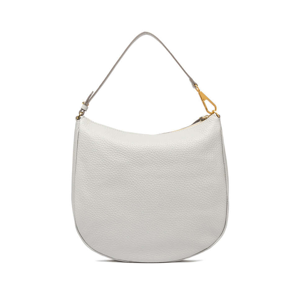 Large white shoulder bag in pelle bubble with zip closure and removable leather strap, dimensions 34x35x8 cm.