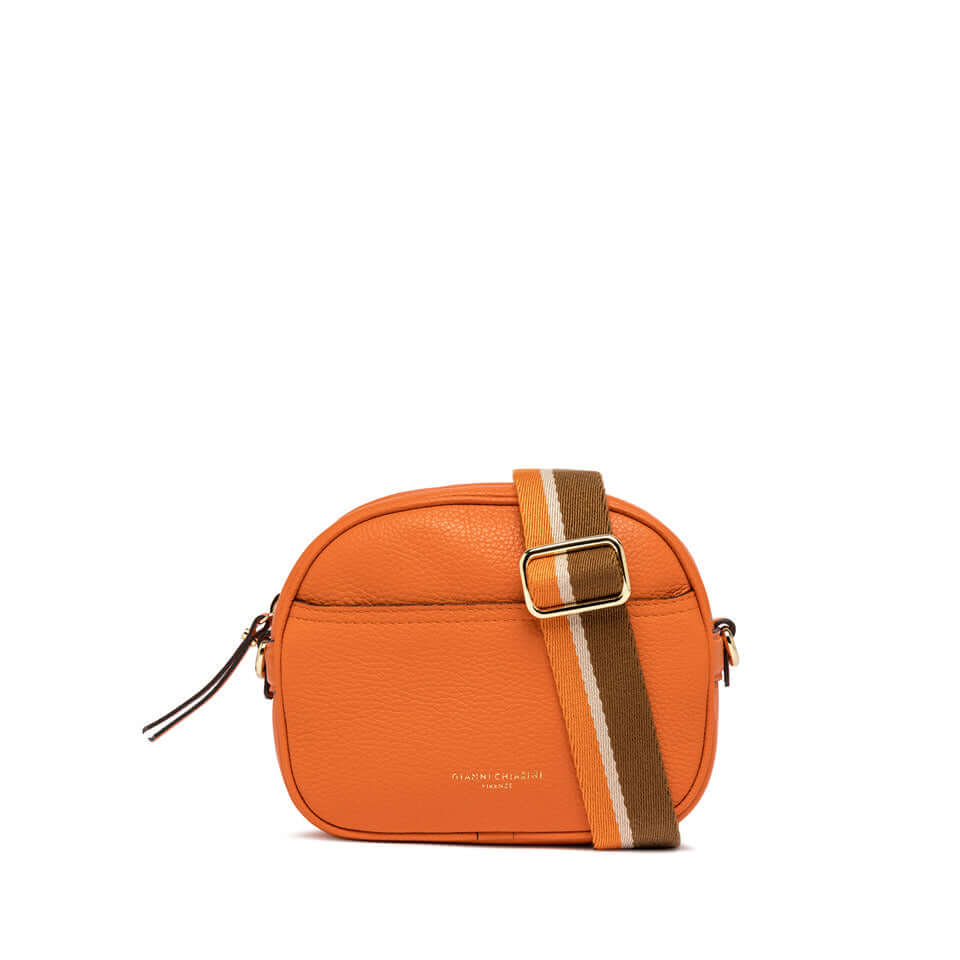Orange leather crossbody bag with a striped strap, featuring zip closure and stylish design from Gianni Chiarini.