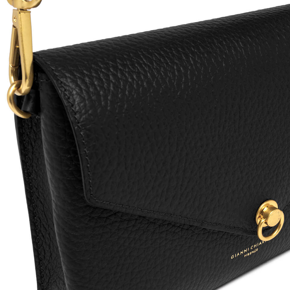 Corallo mini bag in black textured leather with magnetic closure and gold detail, versatile design.