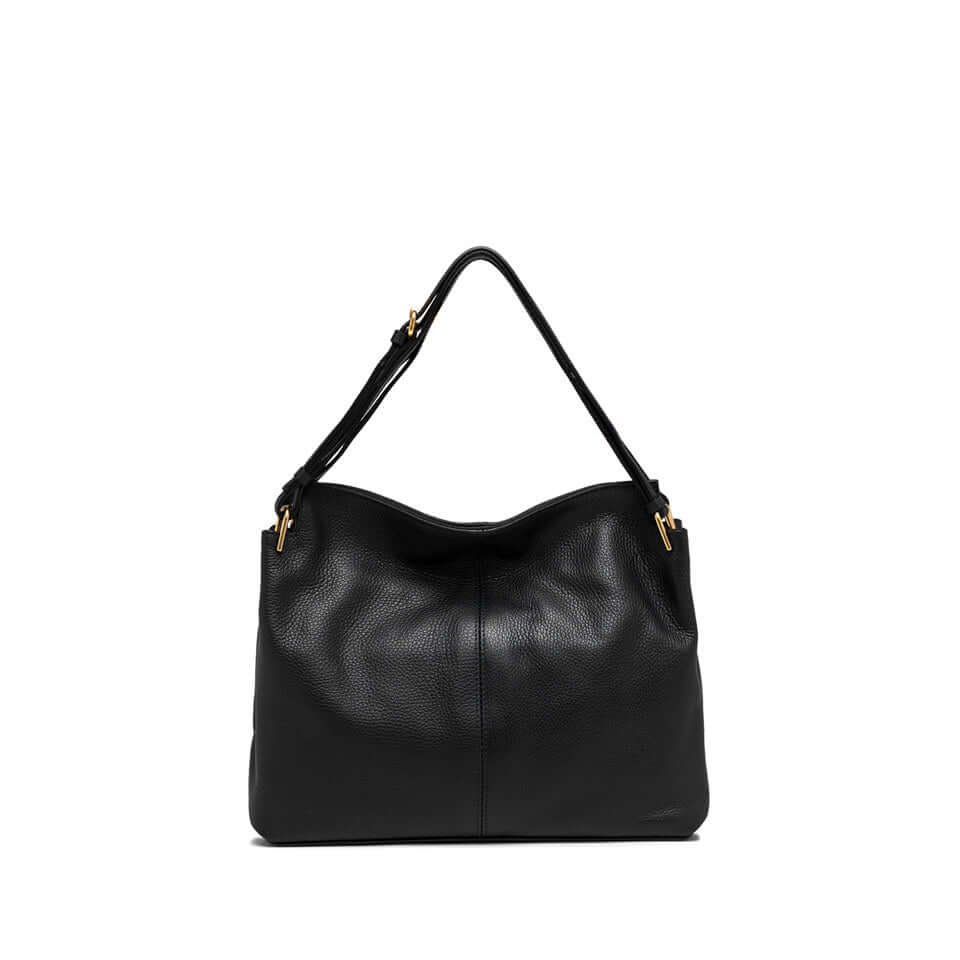 Leila borsa a spalla in pelle martellata nera con manico, design minimal e dettagli metallici.