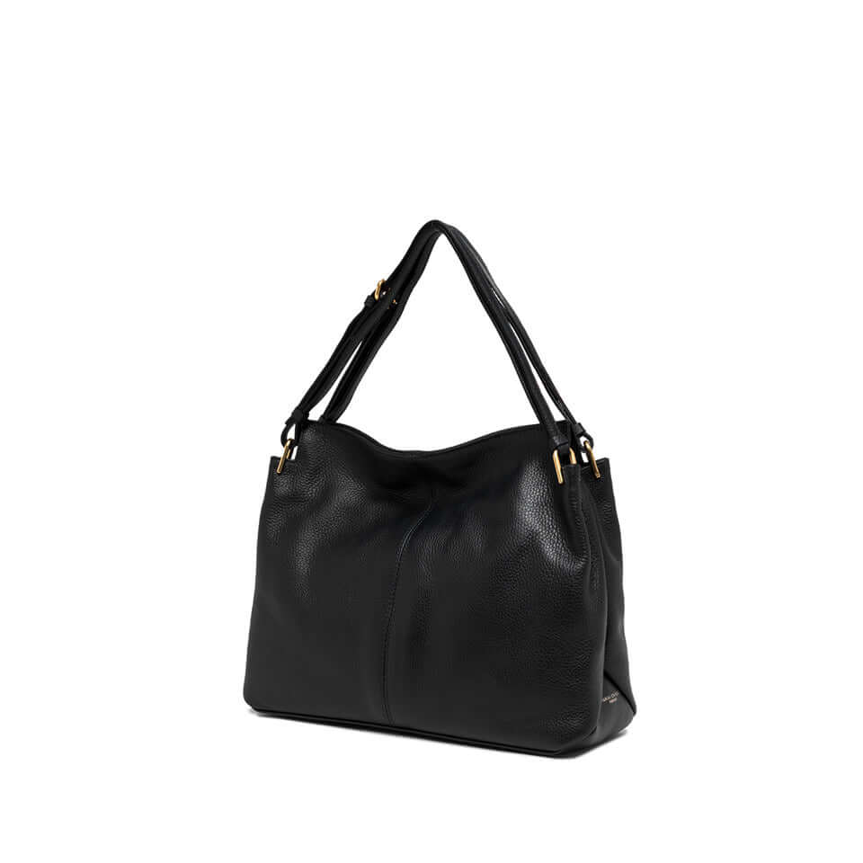Leila black shoulder bag in textured leather by Gianni Chiarini, featuring minimal lines and gold metal accents.