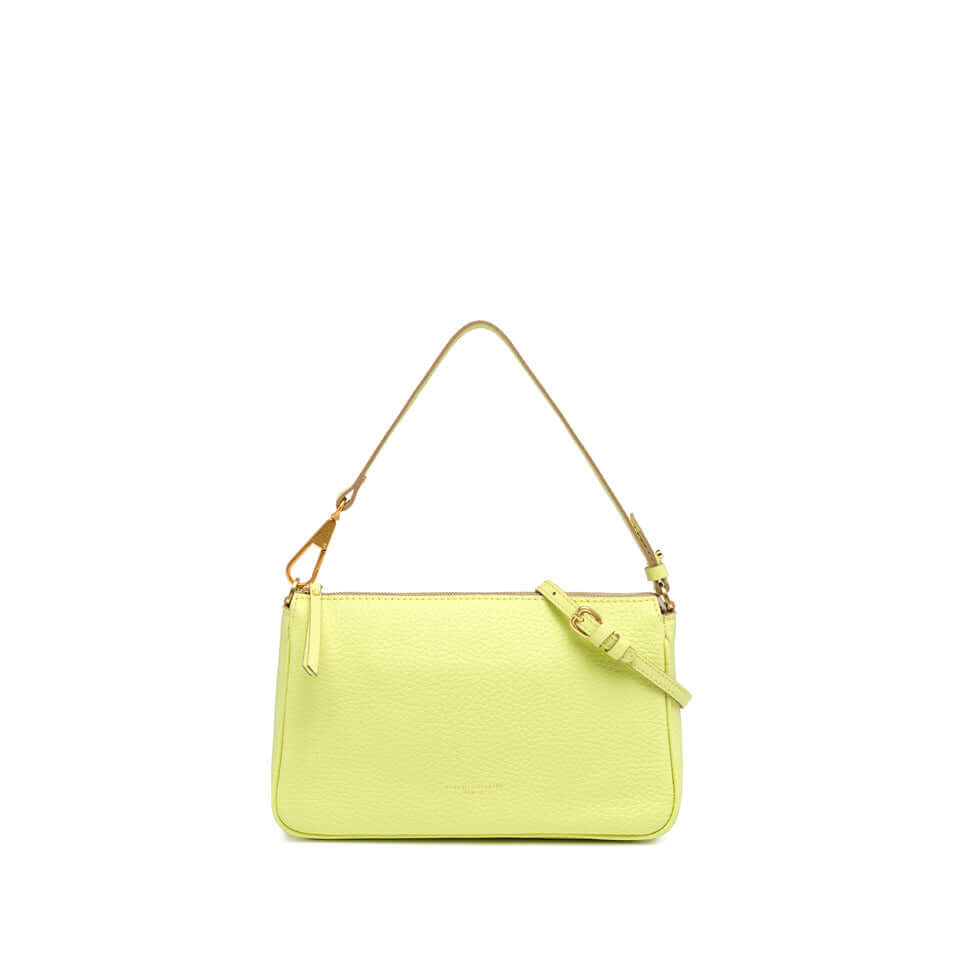 Brooke handbag in bright yellow leather with removable strap and zip closure, stylish and practical for everyday use.