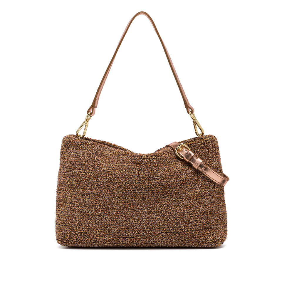 BRENDA by Gianni Chiarini, textured cloth pouch with removable chain, adjustable crossbody strap, 32x22x3 cm.