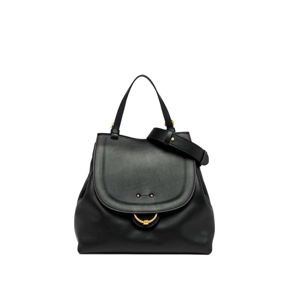 Elegant black leather handbag Marlene by Gianni Chiarini with a gold-tone ring and adjustable strap.