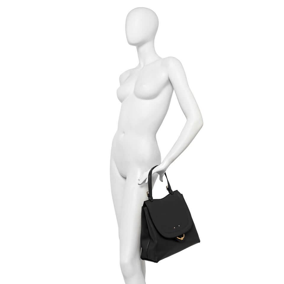 Stylish black Marlene handbag by Gianni Chiarini showcased on a mannequin, highlighting its sleek design and features.