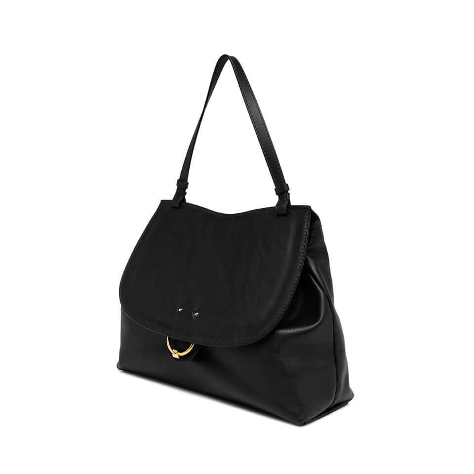 Marlene black leather handbag by Gianni Chiarini with maxi flap and ring knot detail, stylish and versatile.