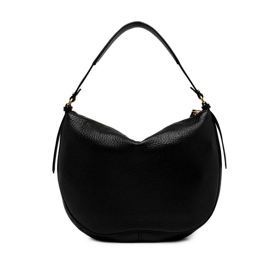 Chiara black leather hobo bag with vintage design and wave base, featuring zipper closure and removable shoulder strap.