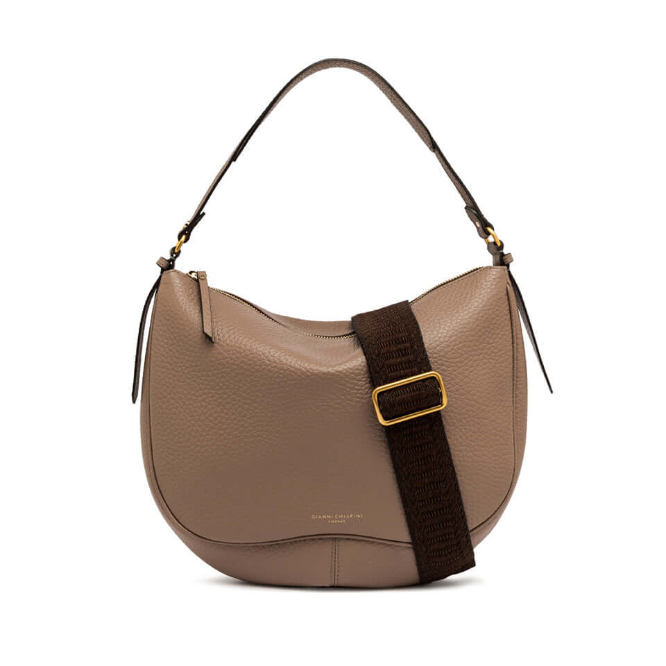 CHIARA bag in tan leather with a removable woven strap, vintage style, perfect for cross-body wear.