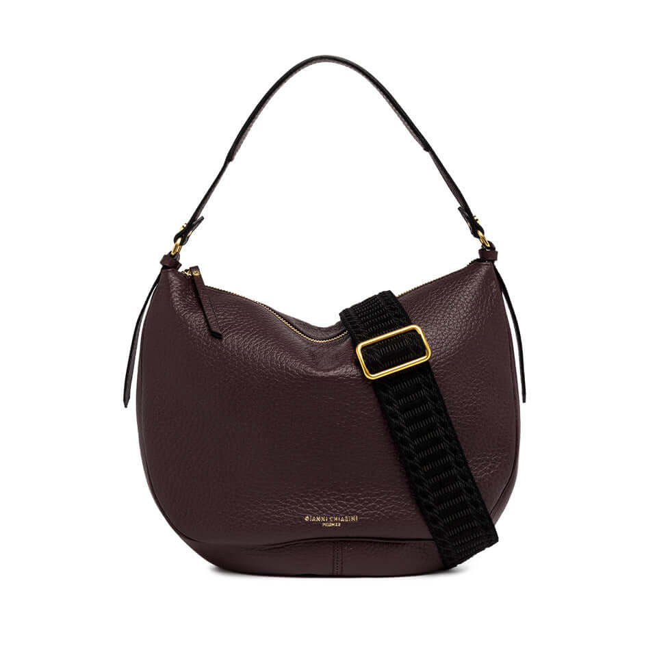 Borsa Chiara in pelle grana maxi, colore borgogna, con manico a spalla e tracolla removibile.