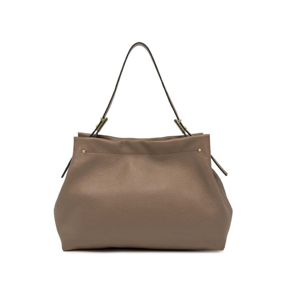 MATILDE shoulder bag in soft hammered leather, elegant design with gold accents and dual carry options.