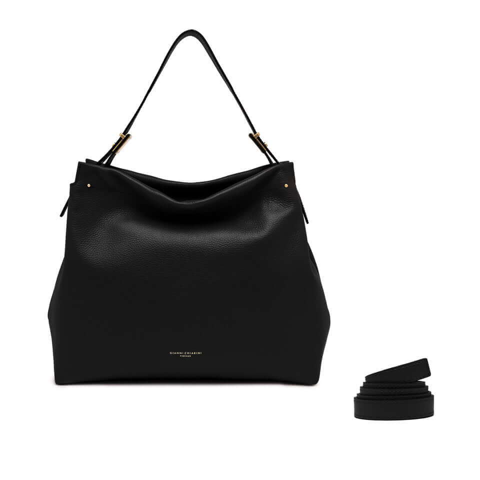 Matilde black shoulder bag with soft shape, zip closure, and gold logo details, dimensions 35x31x13 cm.