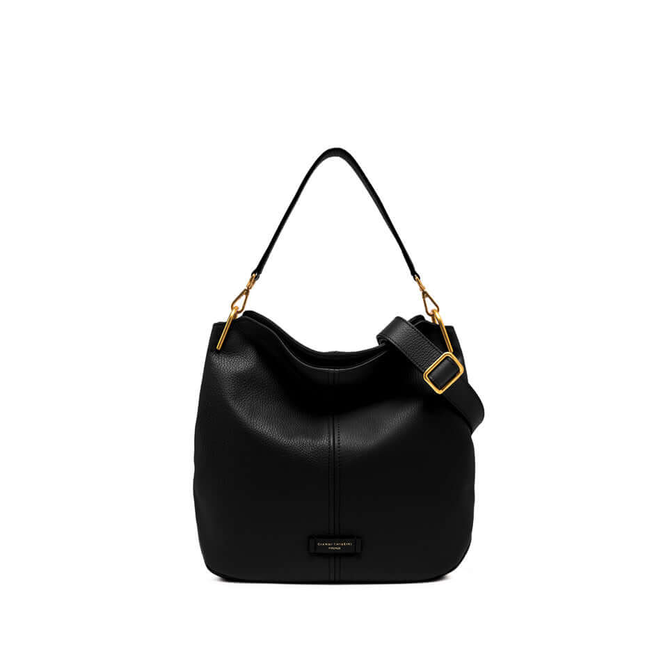 Leila black leather shoulder bag by Gianni Chiarini, featuring minimal lines and metallic accents.