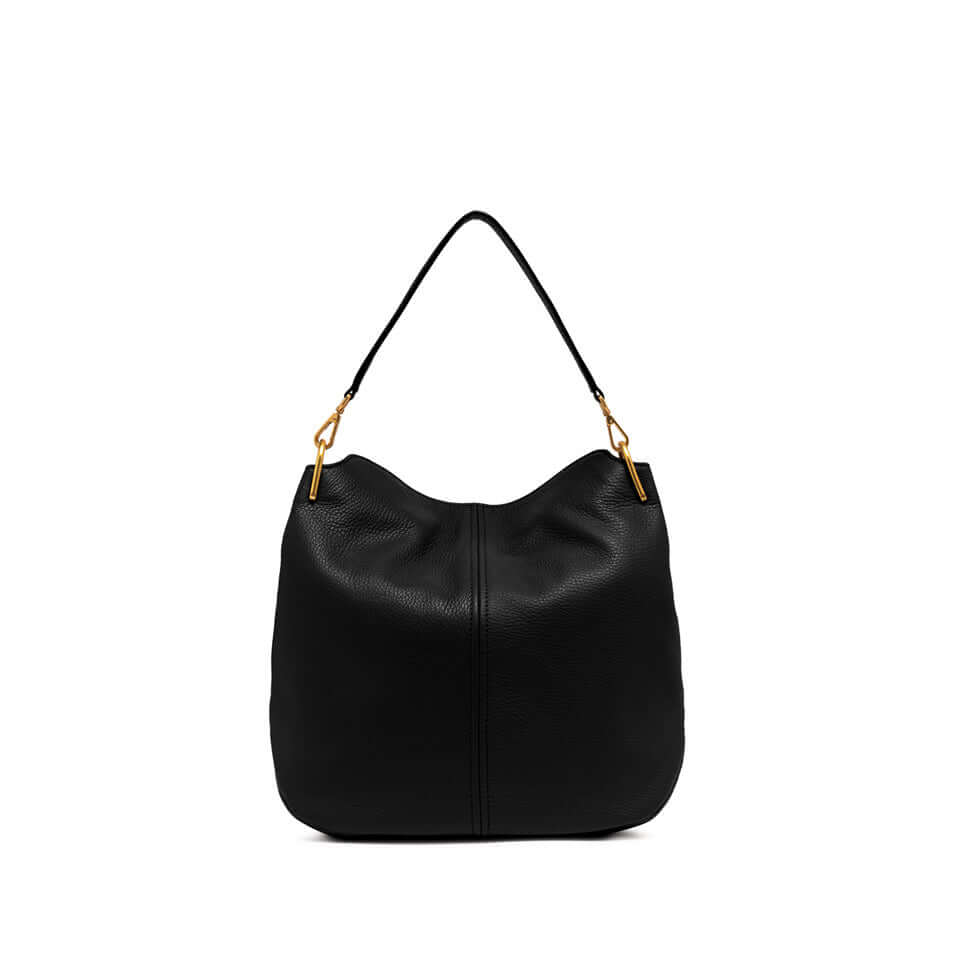 Leila black leather shoulder bag by Gianni Chiarini, featuring a minimal design and golden metal accents.
