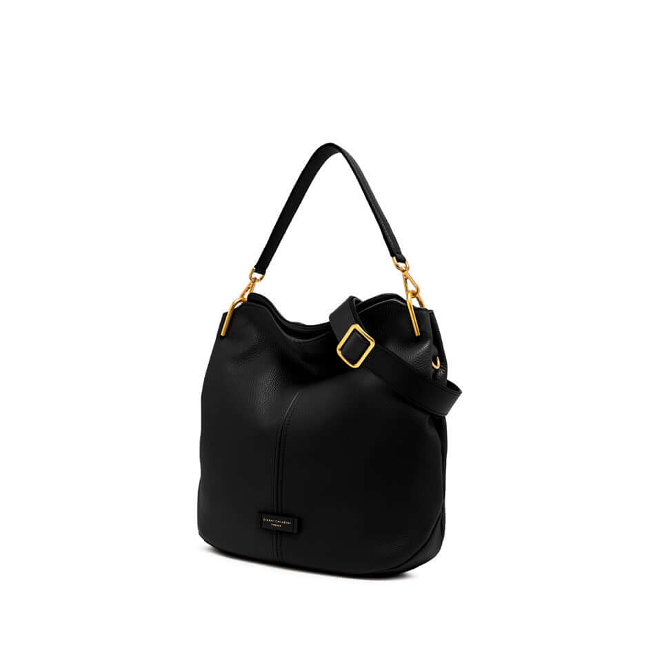 Leila black leather shoulder bag by Gianni Chiarini featuring a minimalist design and metallic accents.