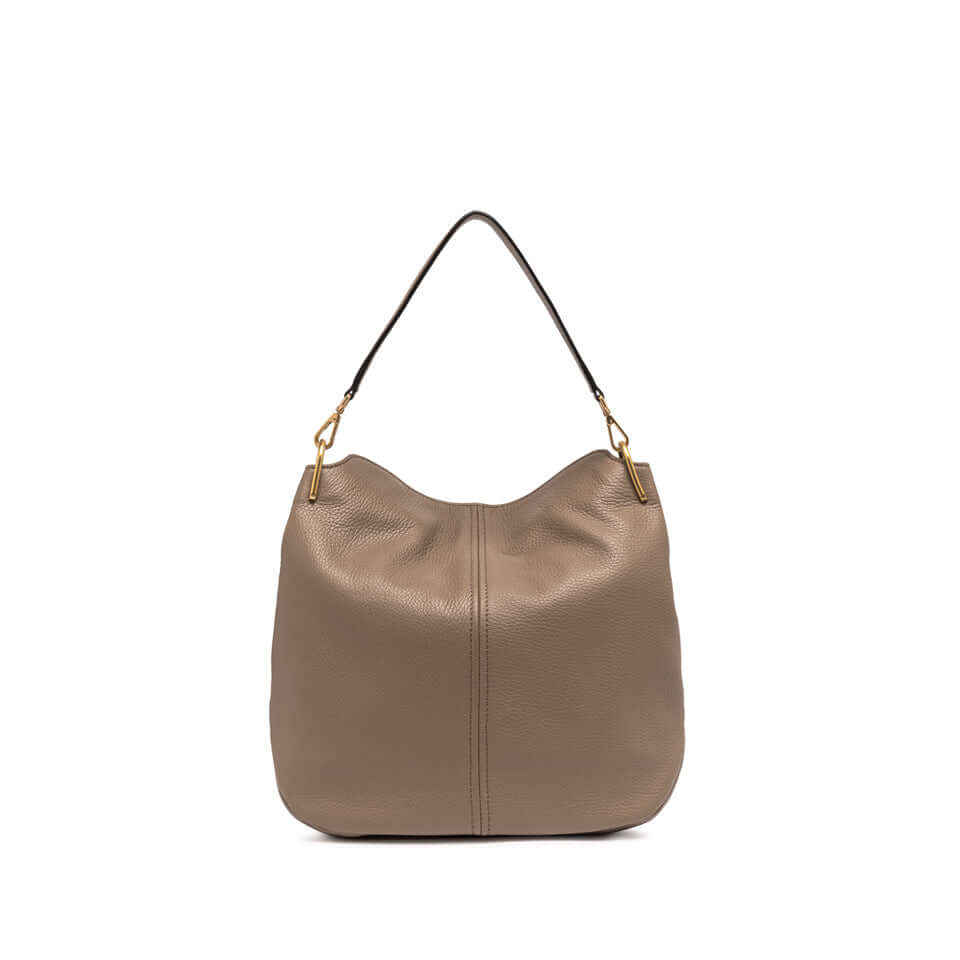 Leila borsa a spalla in pelle martellata con manico nero e dettagli metallici, dimensioni 32x27x10 cm.