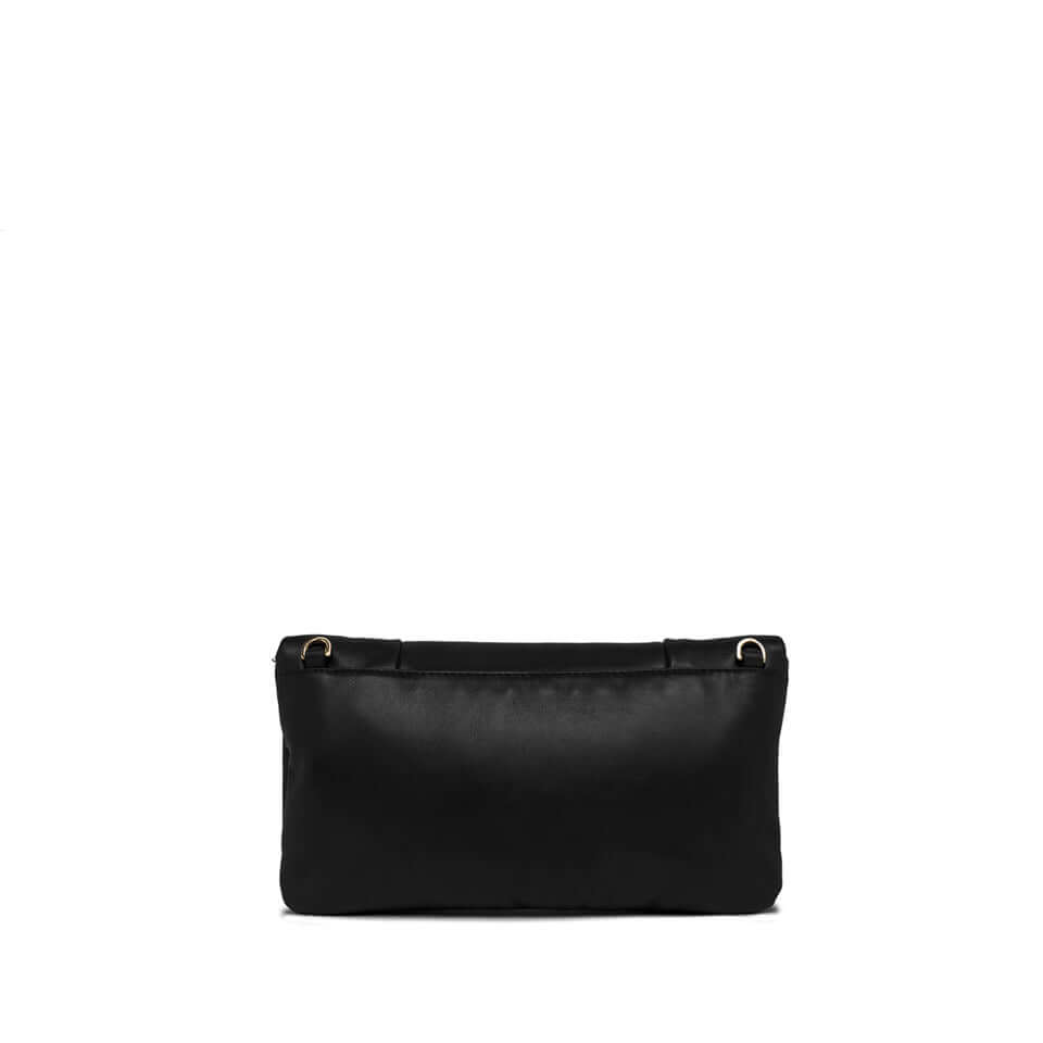 Glenda compact black bag in laminated leather with chain strap, perfect for chic evening outings.