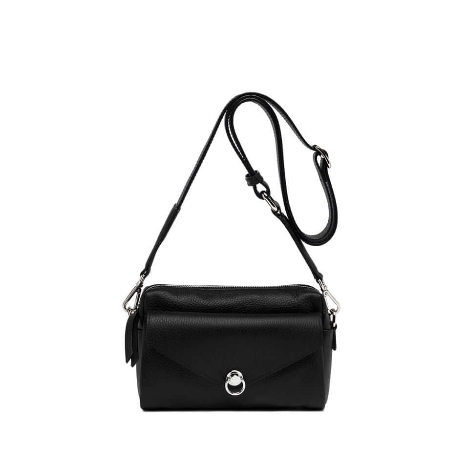 Borsa Deva in pelle martellata nera, con tracolla removibile e chiusura zip, dimensioni 21x15x6 cm.