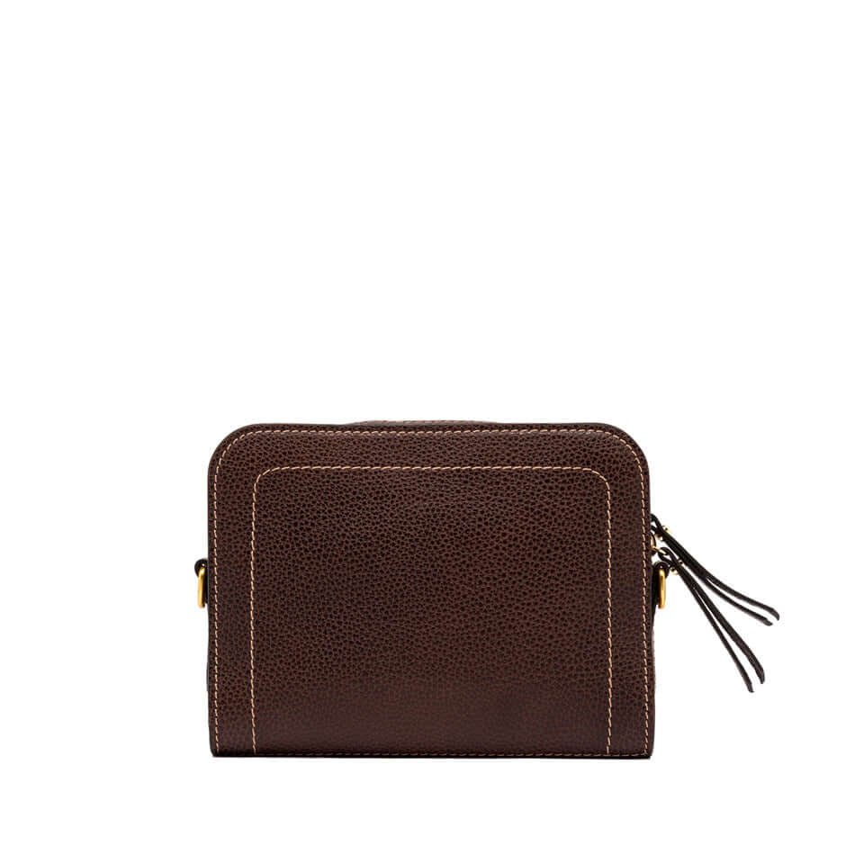 OLLY borsa in pelle martellata marrone con dettagli a taglio vivo e chiusura zip, 24x18x8 cm.