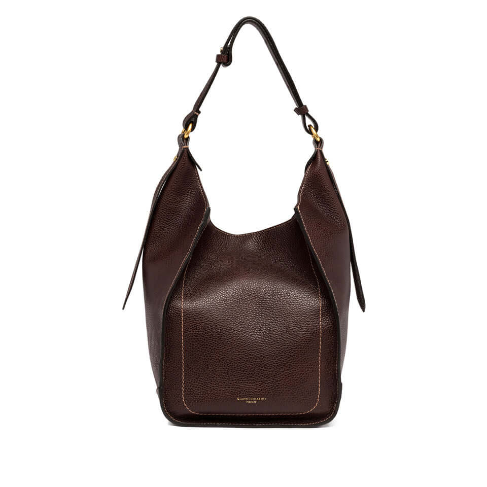 OLLY borsa in pelle martellata marrone con dettagli sportivi e manico superiore per spalla.