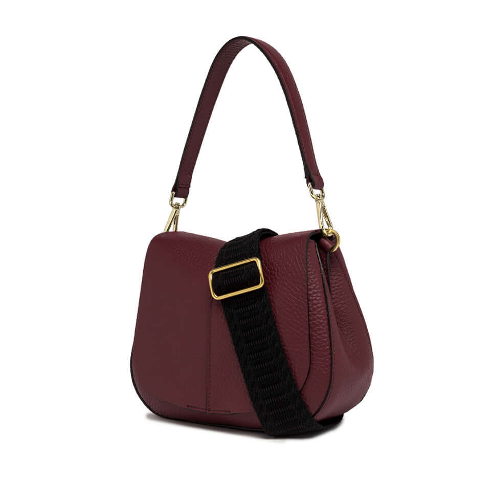 Gianni Chiarini Helena Round handbag in burgundy leather with adjustable straps and structured design.