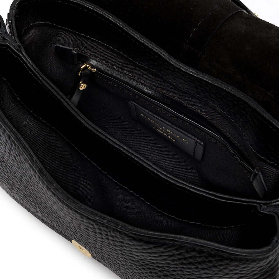 Inside view of the Helena Round bag by Gianni Chiarini showcasing its two compartments and zip pocket.