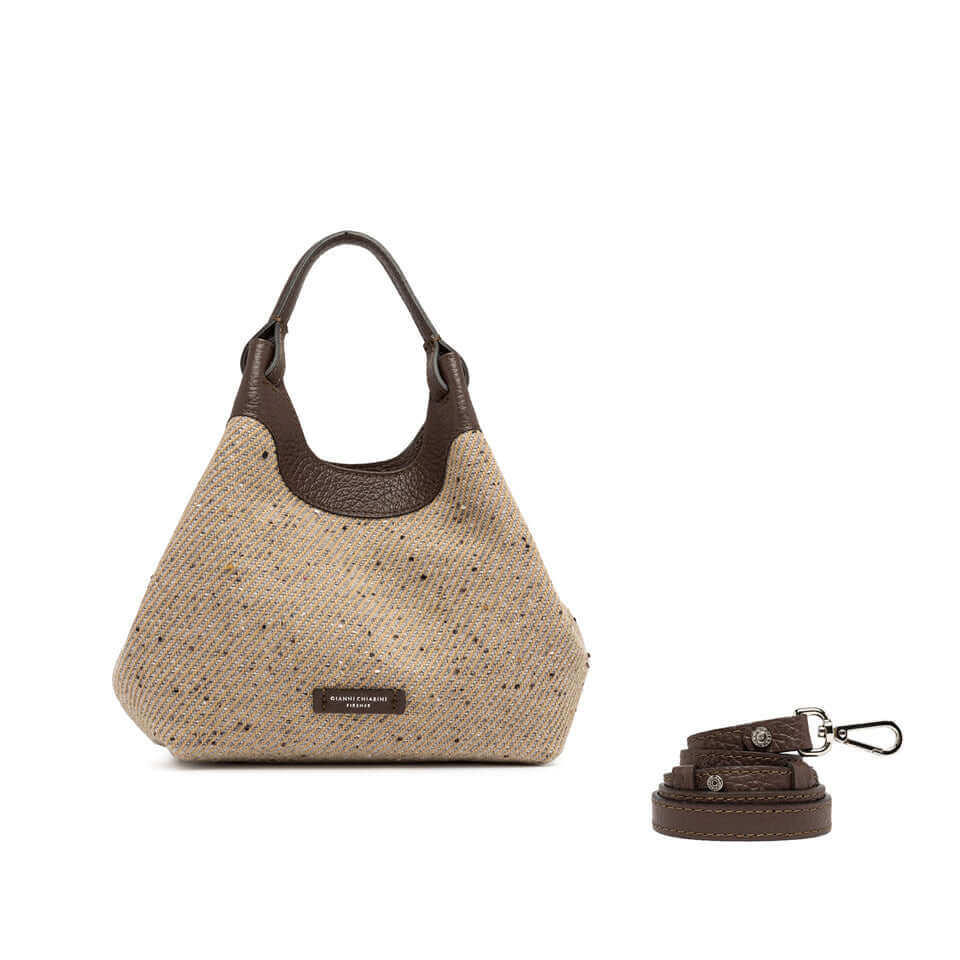 DUA woven wool handbag with leather handles, dual carry options, and detachable strap, dimensions 24x27x12 cm.