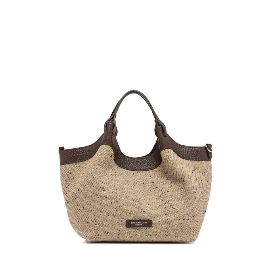Bag DUA in woven wool with leather handles, versatile carry options, dimensions 24x27x12 cm.